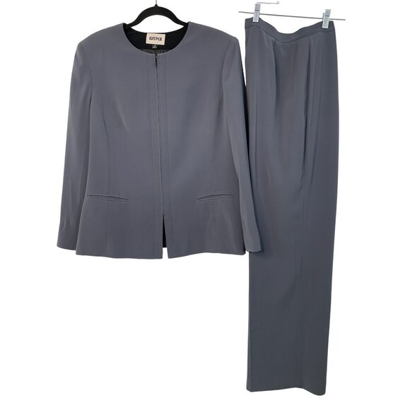 Kasper Zip Relaxed 2-Piece Gray Pant Suit Size 16 Cuffable HR Wide Leg 7636 GUC - Picture 1 of 15